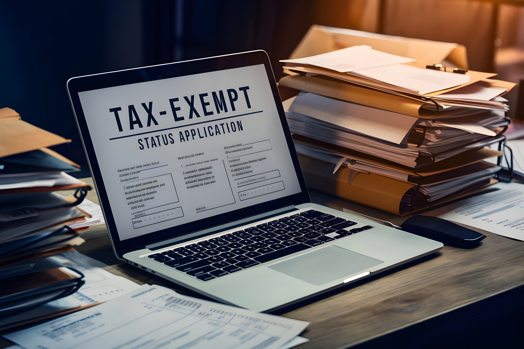 Laptop with screen that reads tax exempt among stacks of files